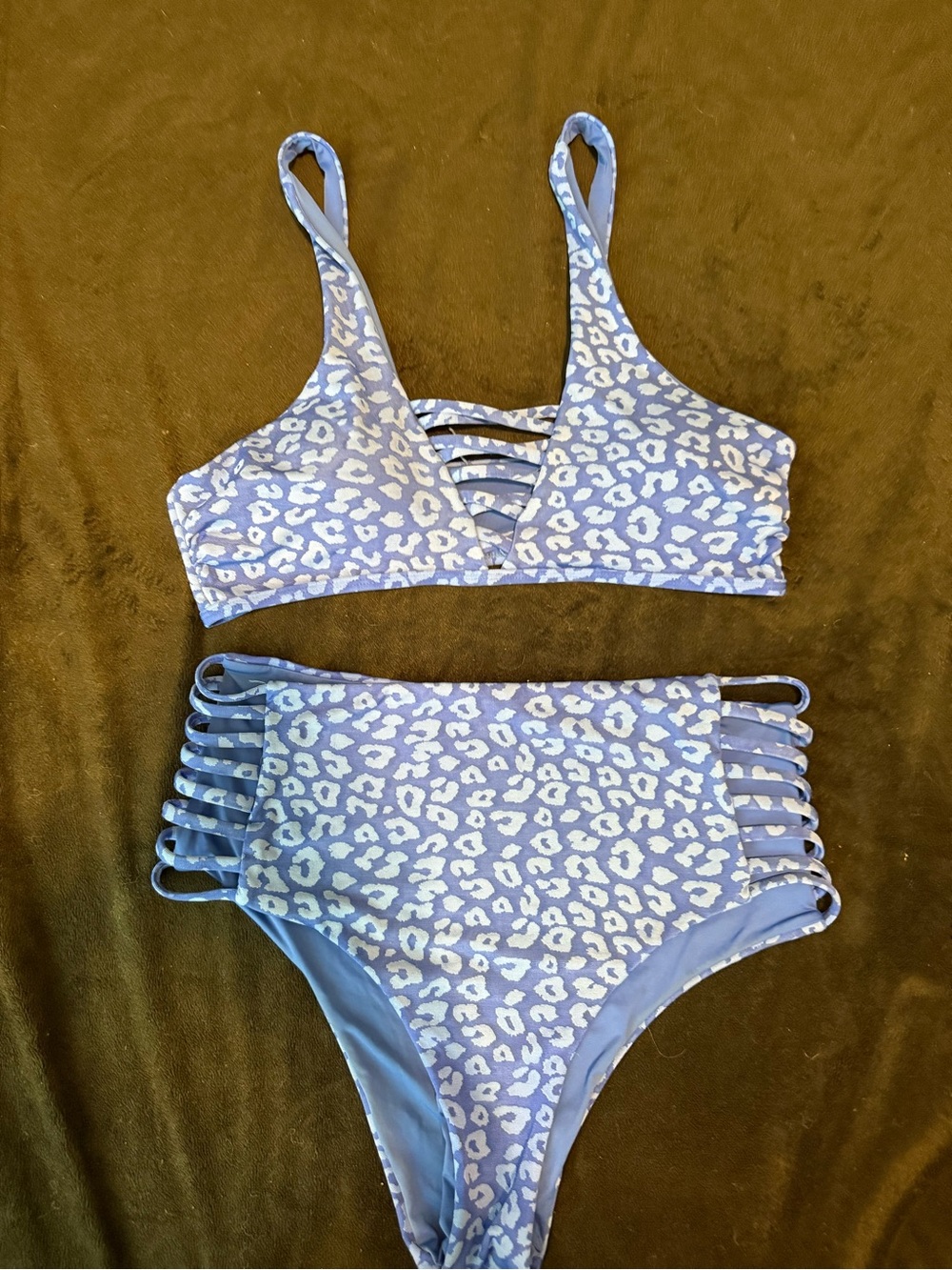 Cabana Life Lavender and White Leopard High-Waist Strappy Bikini